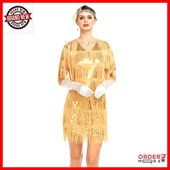 Flapper Dress with Sleeves Tiered Fringe Sequin Gatsby Costume - Picture 3 of 7